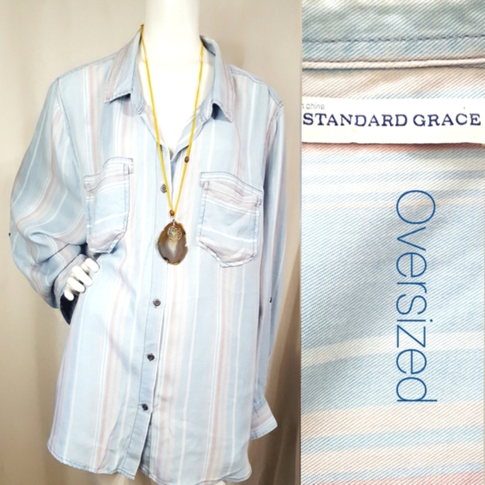 Standard Grace💙Blue-Pink Striped Long Sleeves Buttoned Blouse Top